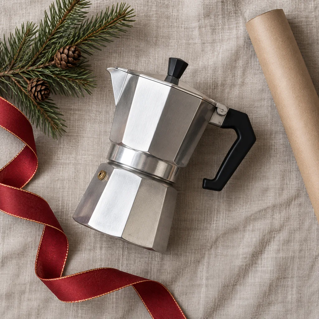 Representative photo-style image of traditional stovetop moka pot — generated, not a specific product