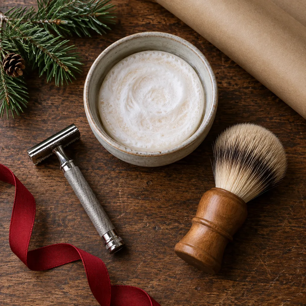 Representative photo-style image of traditional wet shave kit — generated, not a specific product