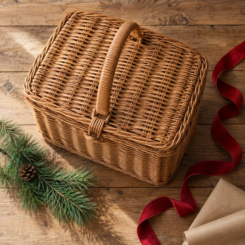 Representative photo-style image of traditional wicker picnic basket — generated, not a specific product
