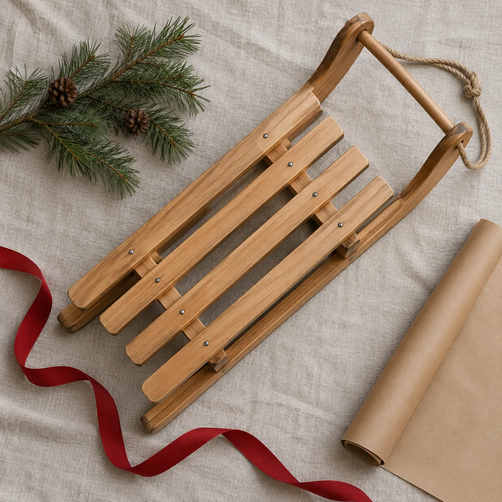 Representative photo-style image of wooden toboggan sled — generated, not a specific product