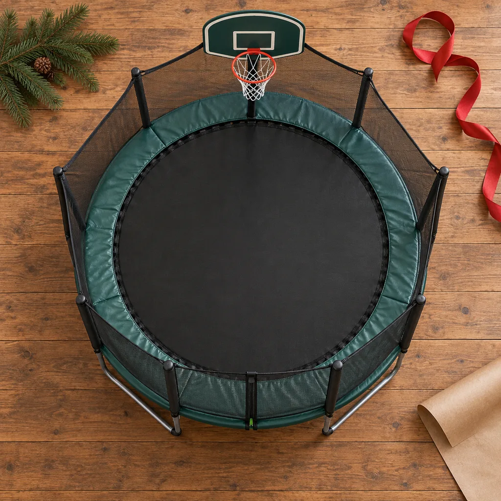 Representative photo-style image of trampoline with basketball hoop — generated, not a specific product