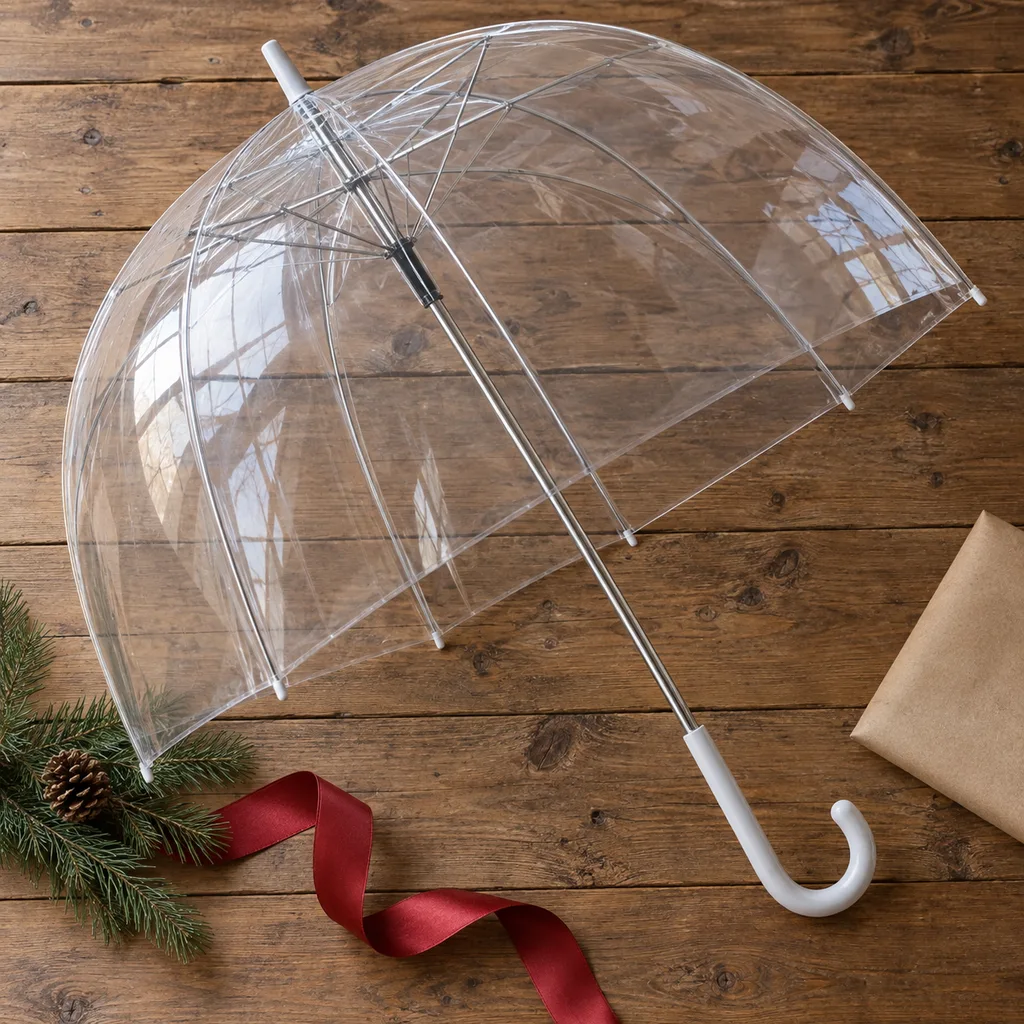 Representative photo-style image of transparent dome bubble umbrella — generated, not a specific product