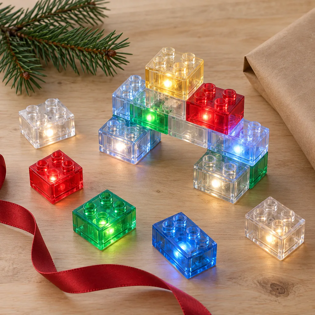 Representative photo-style image of transparent light-up building blocks — generated, not a specific product