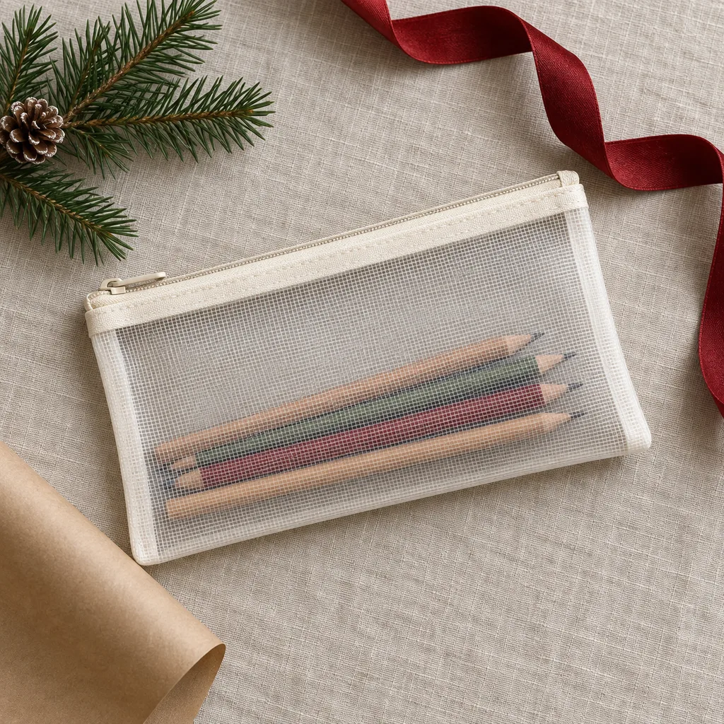 Representative photo-style image of transparent mesh pencil pouch — generated, not a specific product
