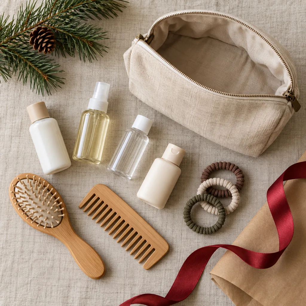 Representative photo-style image of travel-friendly hair essentials kit — generated, not a specific product
