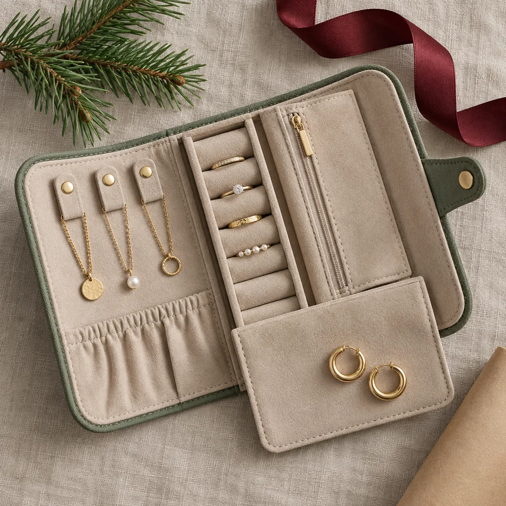 Representative photo-style image of travel jewelry roll case — generated, not a specific product