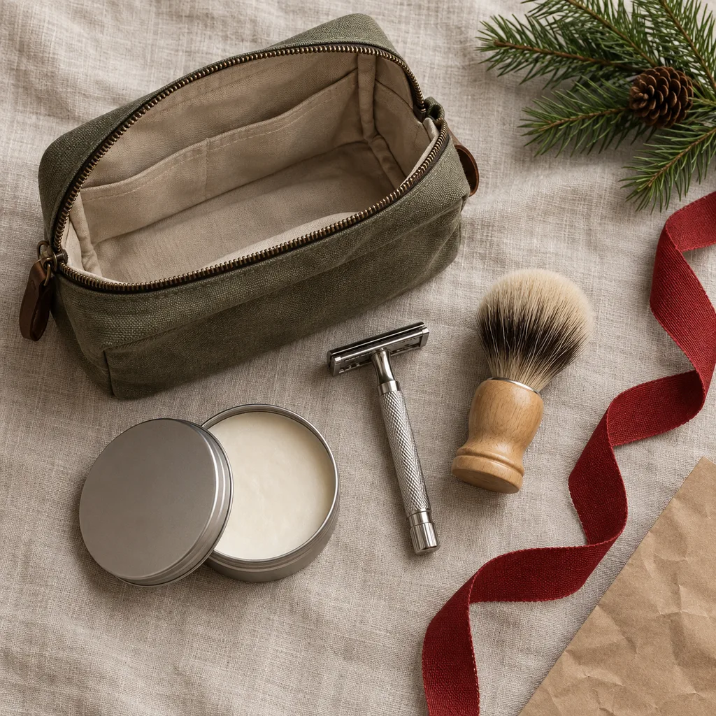 Representative photo-style image of travel shaving kit — generated, not a specific product