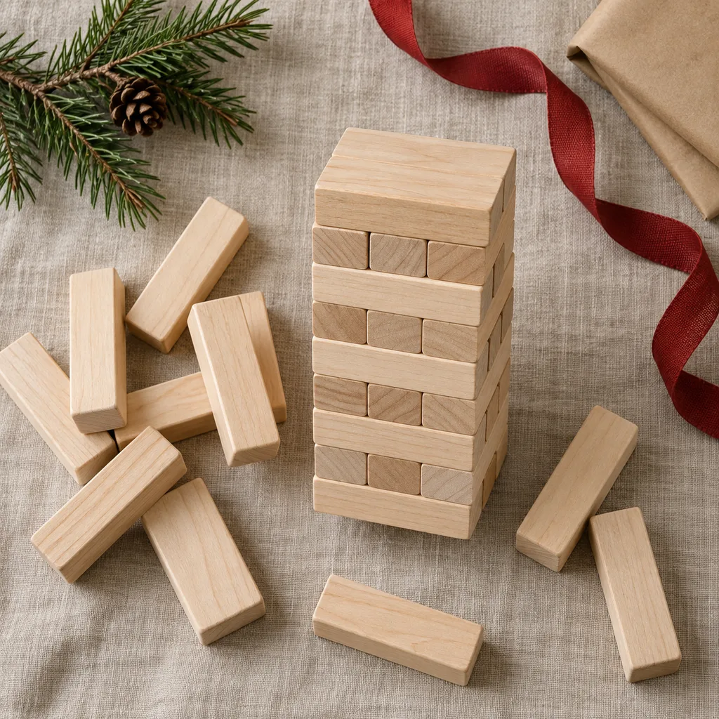 Representative photo-style image of tumbling tower stacking game blocks — generated, not a specific product
