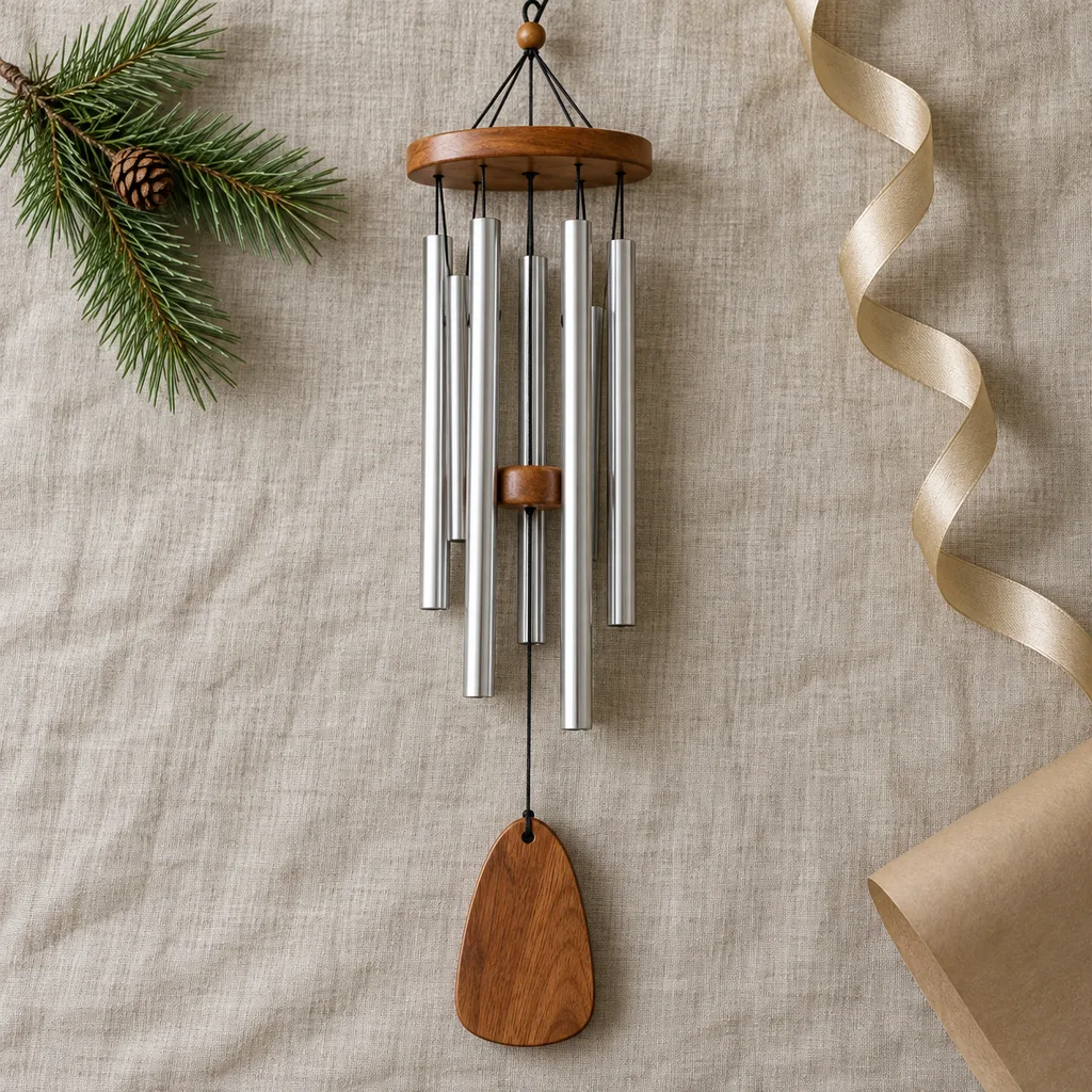 Representative photo-style image of tuned metal tube wind chimes — generated, not a specific product