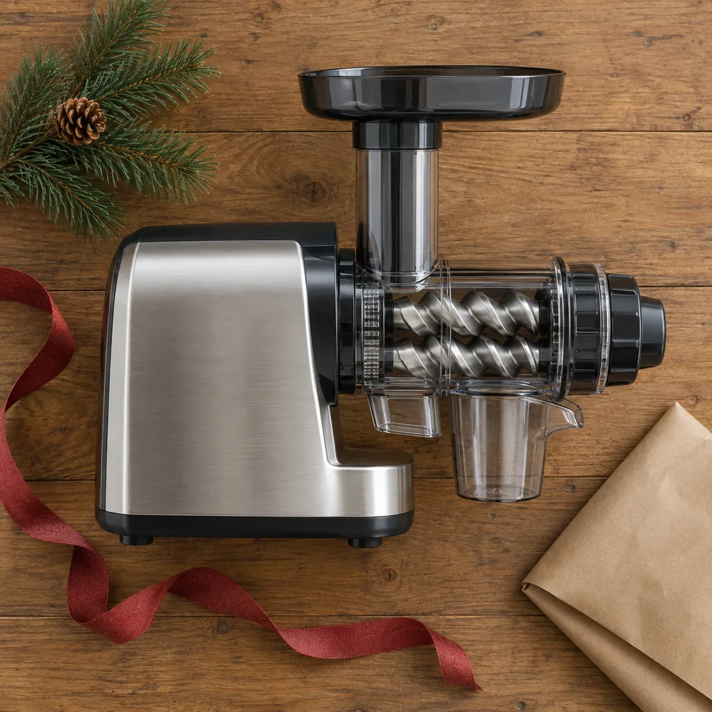 Representative photo-style image of twin gear masticating juicer — generated, not a specific product