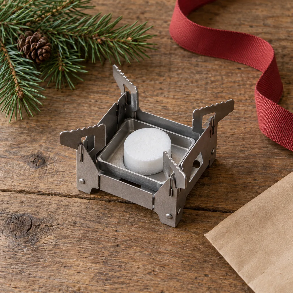 Representative photo-style image of ultra-compact solid fuel tablet stove — generated, not a specific product