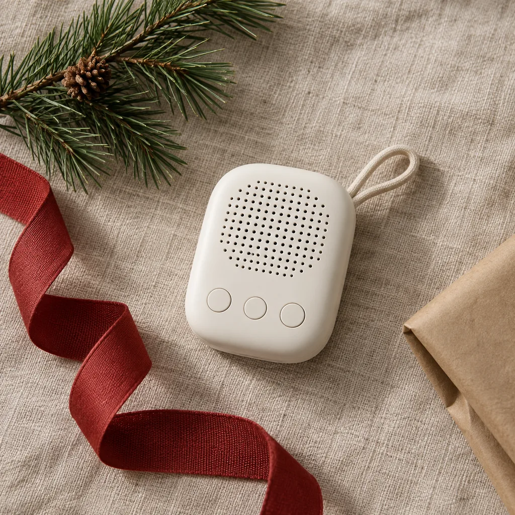 Representative photo-style image of ultra-compact travel sound machine — generated, not a specific product