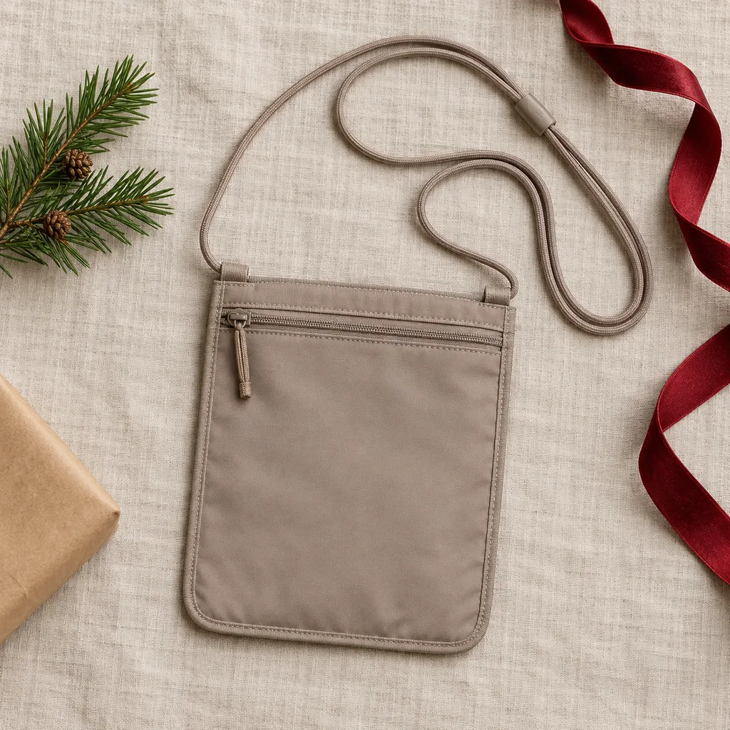 Representative photo-style image of ultra-slim concealable neck pouch — generated, not a specific product