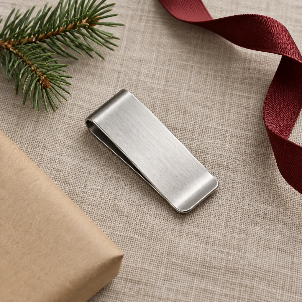 Representative photo-style image of ultra-slim minimalist money clip — generated, not a specific product