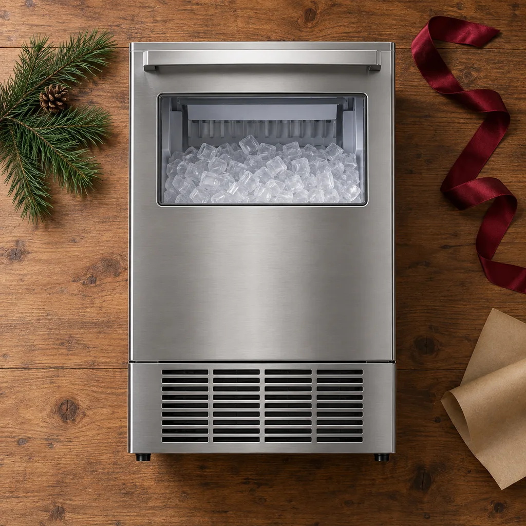 Representative photo-style image of under-counter built-in ice machine — generated, not a specific product
