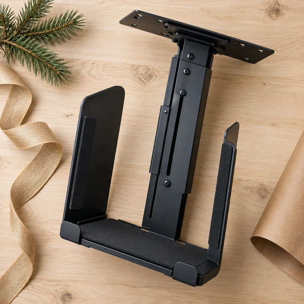 Representative photo-style image of under-desk computer tower holder — generated, not a specific product