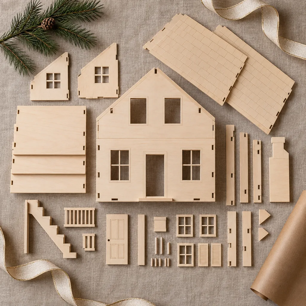 Representative photo-style image of unfinished dollhouse building kit — generated, not a specific product