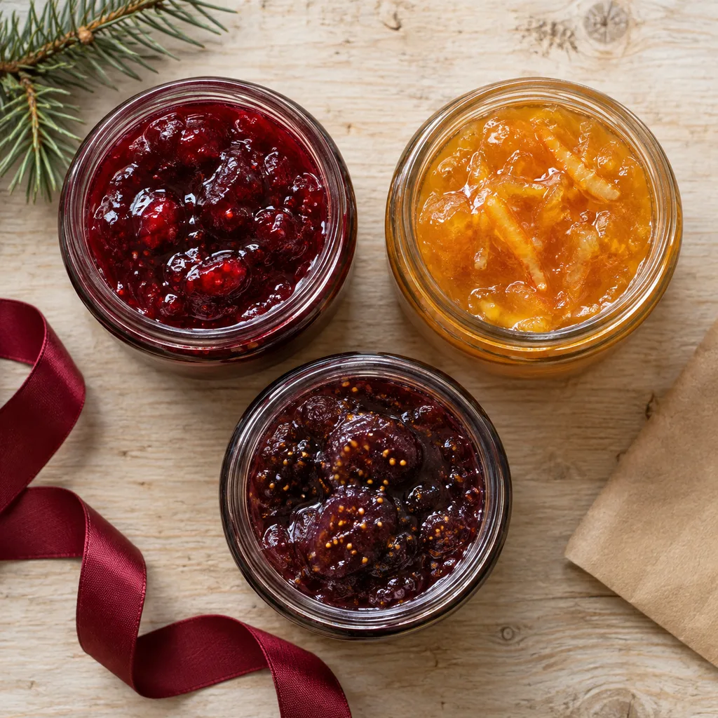 Representative photo-style image of unique jam and preserve trio — generated, not a specific product