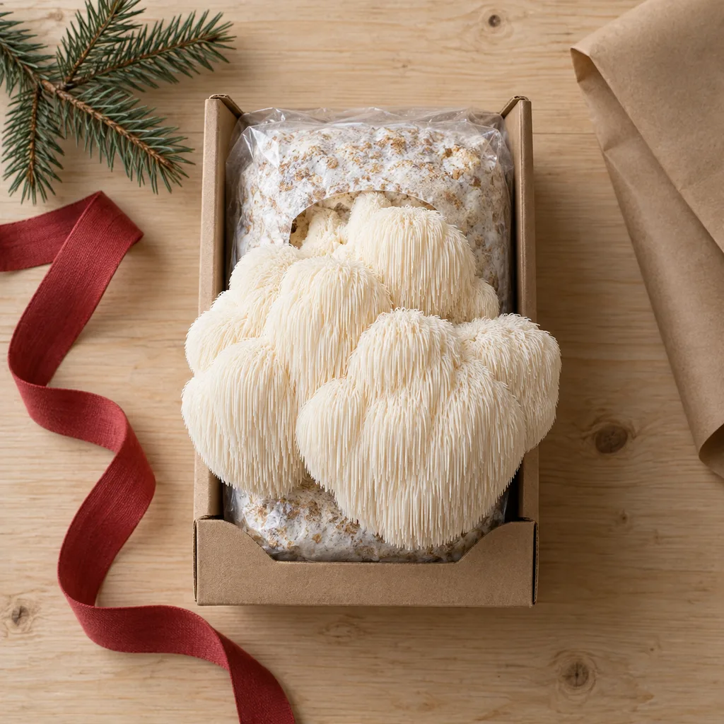 Representative photo-style image of unique lion's mane mushroom grow kit — generated, not a specific product