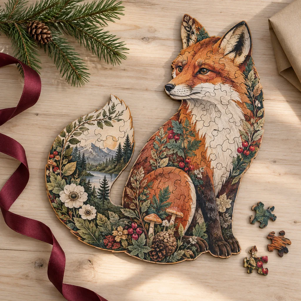 Representative photo-style image of uniquely shaped jigsaw puzzle art — generated, not a specific product