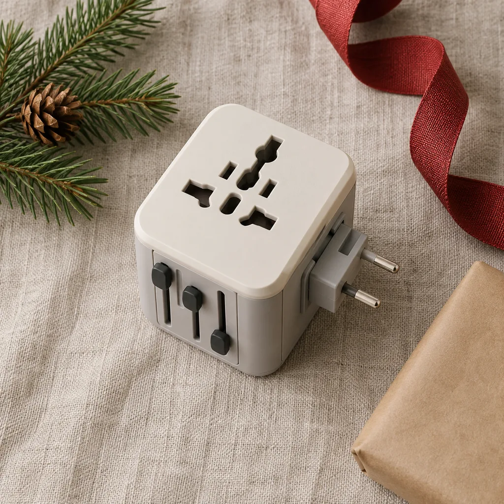 Representative photo-style image of universal all-in-one travel plug adapter — generated, not a specific product