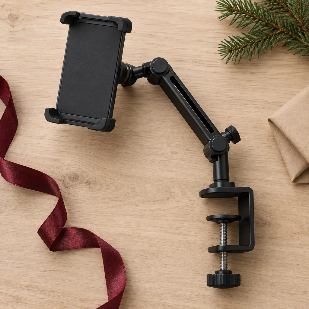 Representative photo-style image of universal clamp-on tablet mount — generated, not a specific product