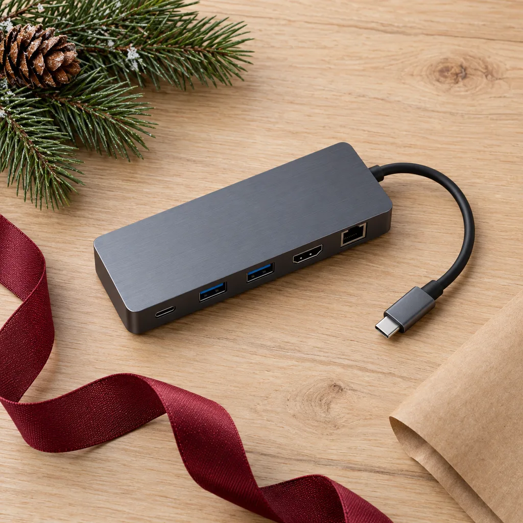 Representative photo-style image of universal laptop docking station — generated, not a specific product