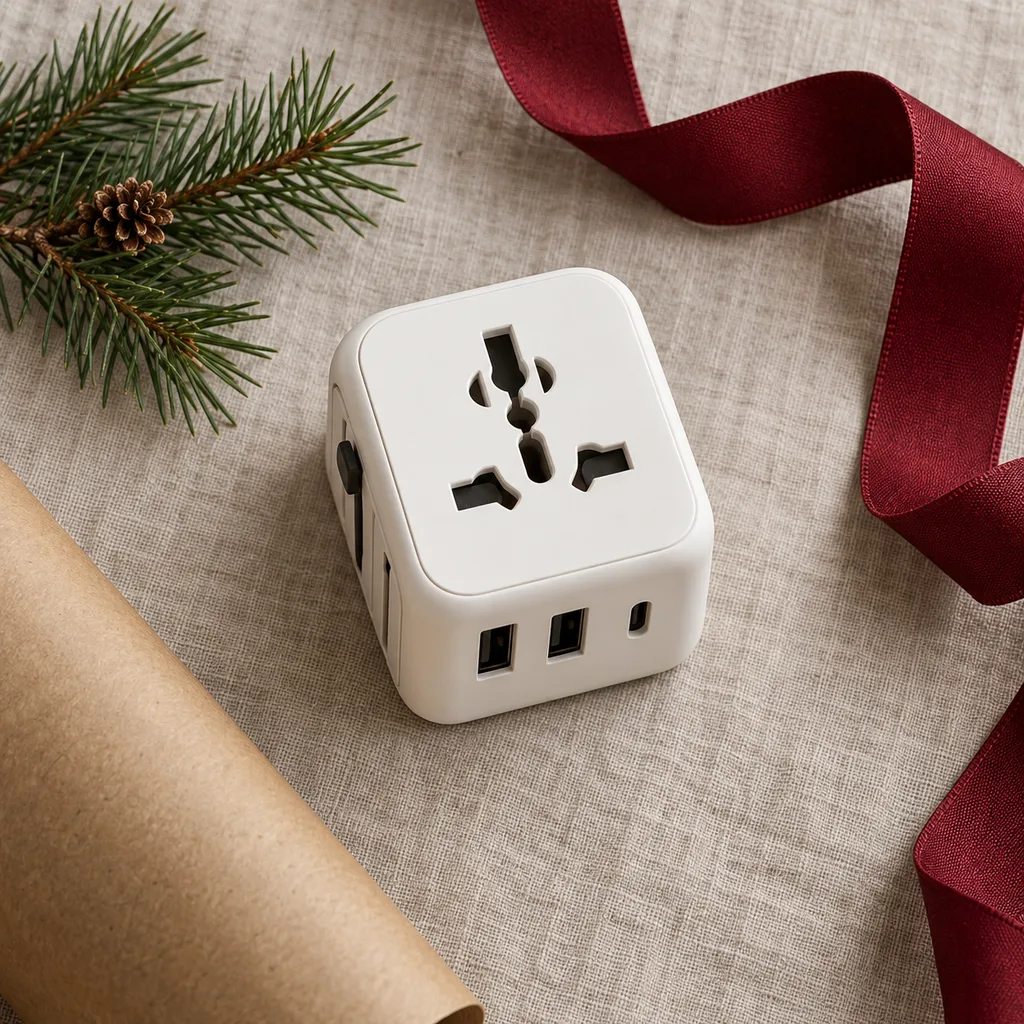 Representative photo-style image of universal travel power adapter — generated, not a specific product