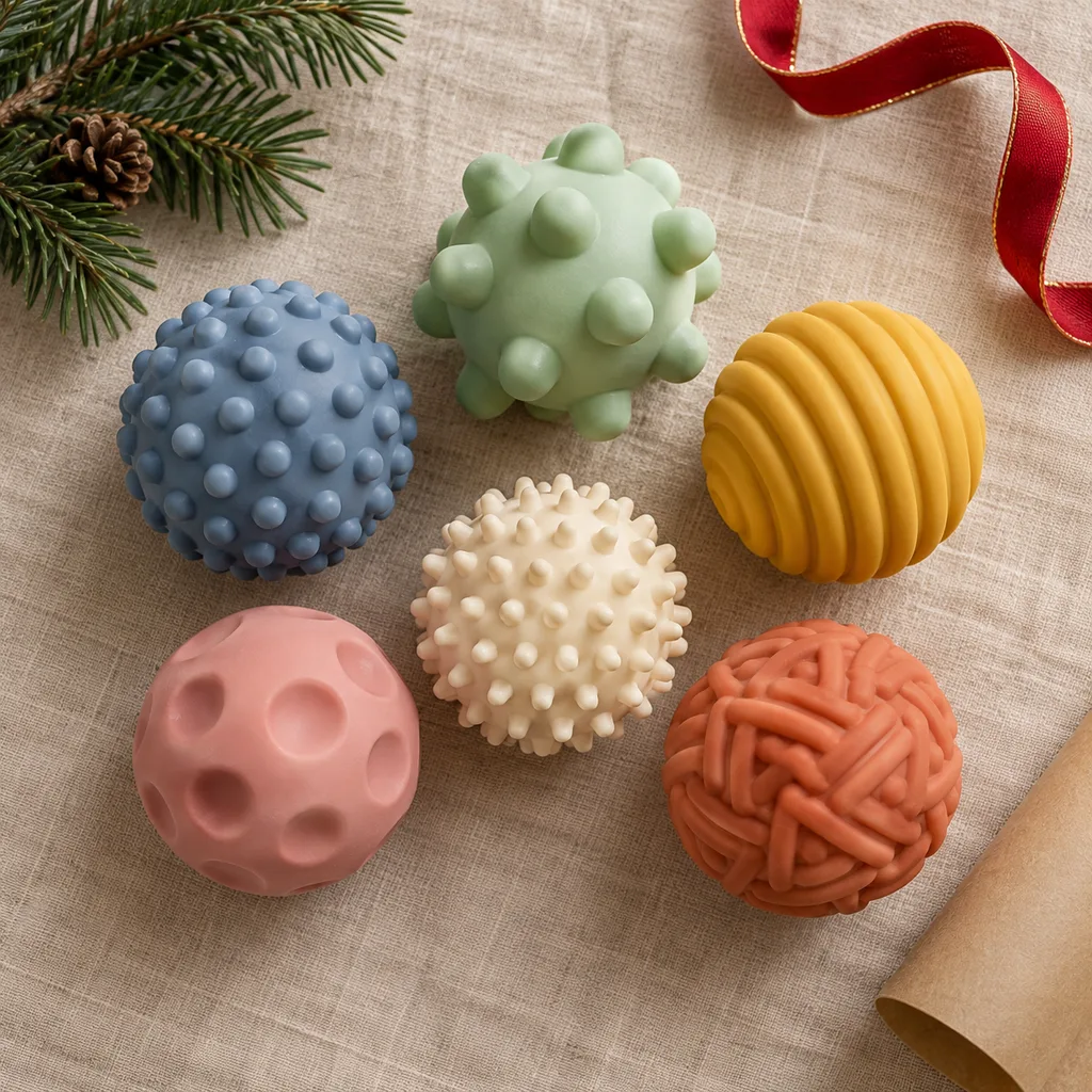Representative photo-style image of varied texture sensory ball set — generated, not a specific product