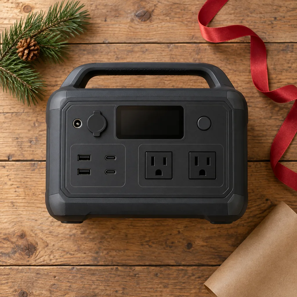 Representative photo-style image of vehicle and rv power station — generated, not a specific product