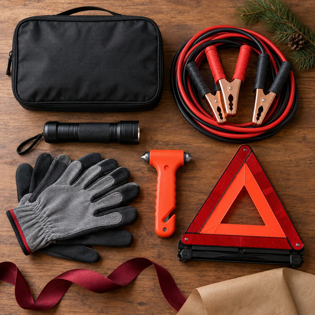 Representative photo-style image of vehicle emergency kit — generated, not a specific product