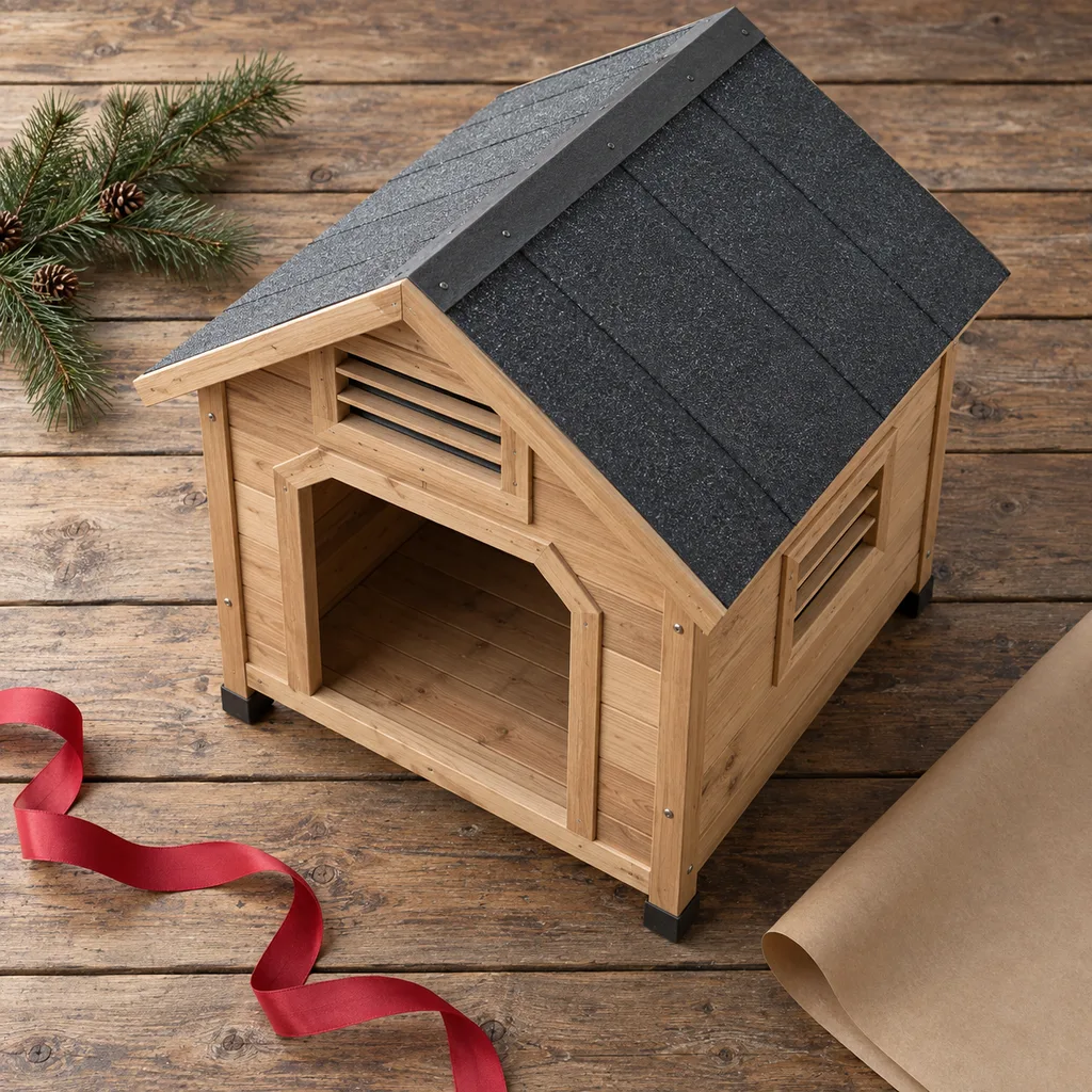 Representative photo-style image of ventilated outdoor dog house — generated, not a specific product