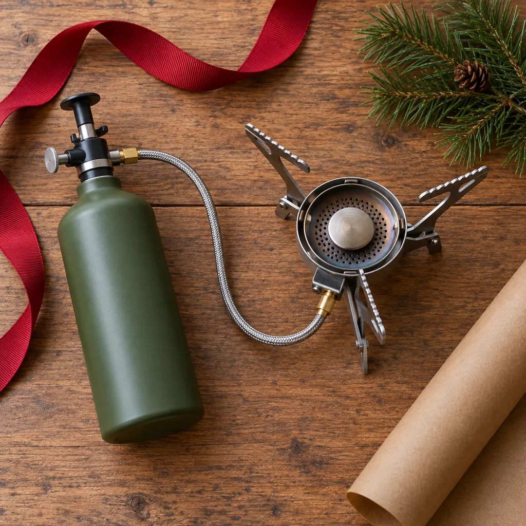 Representative photo-style image of versatile liquid fuel backpacking stove — generated, not a specific product