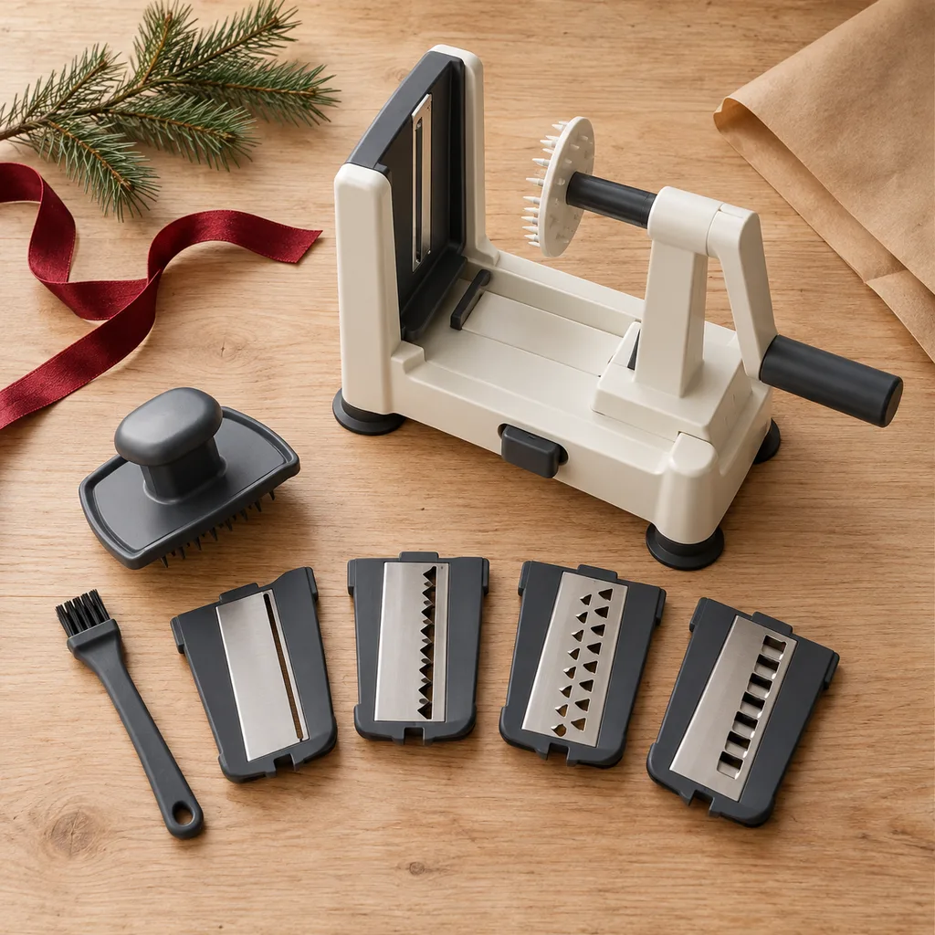 Representative photo-style image of versatile multi-blade spiralizer kit — generated, not a specific product