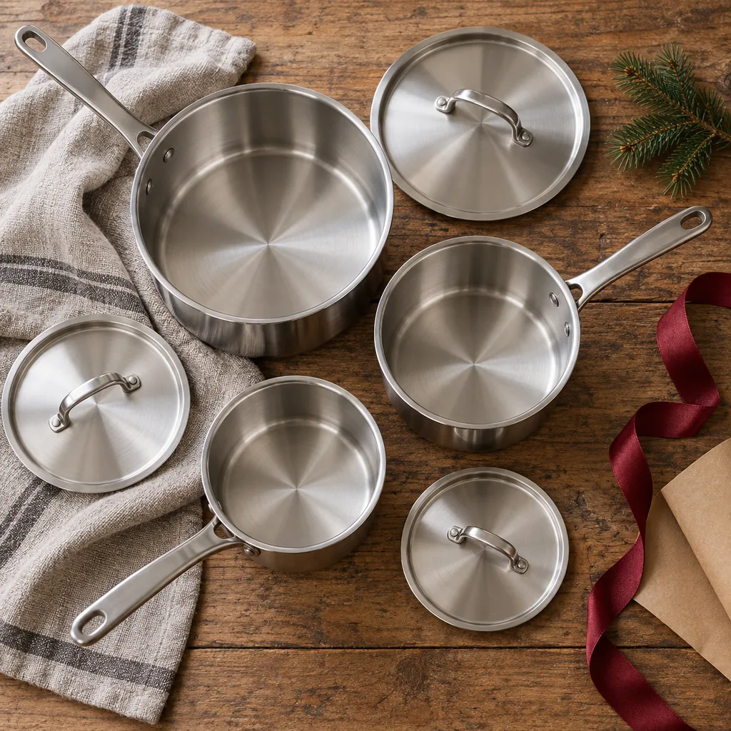 Representative photo-style image of versatile stainless steel saucepan set — generated, not a specific product