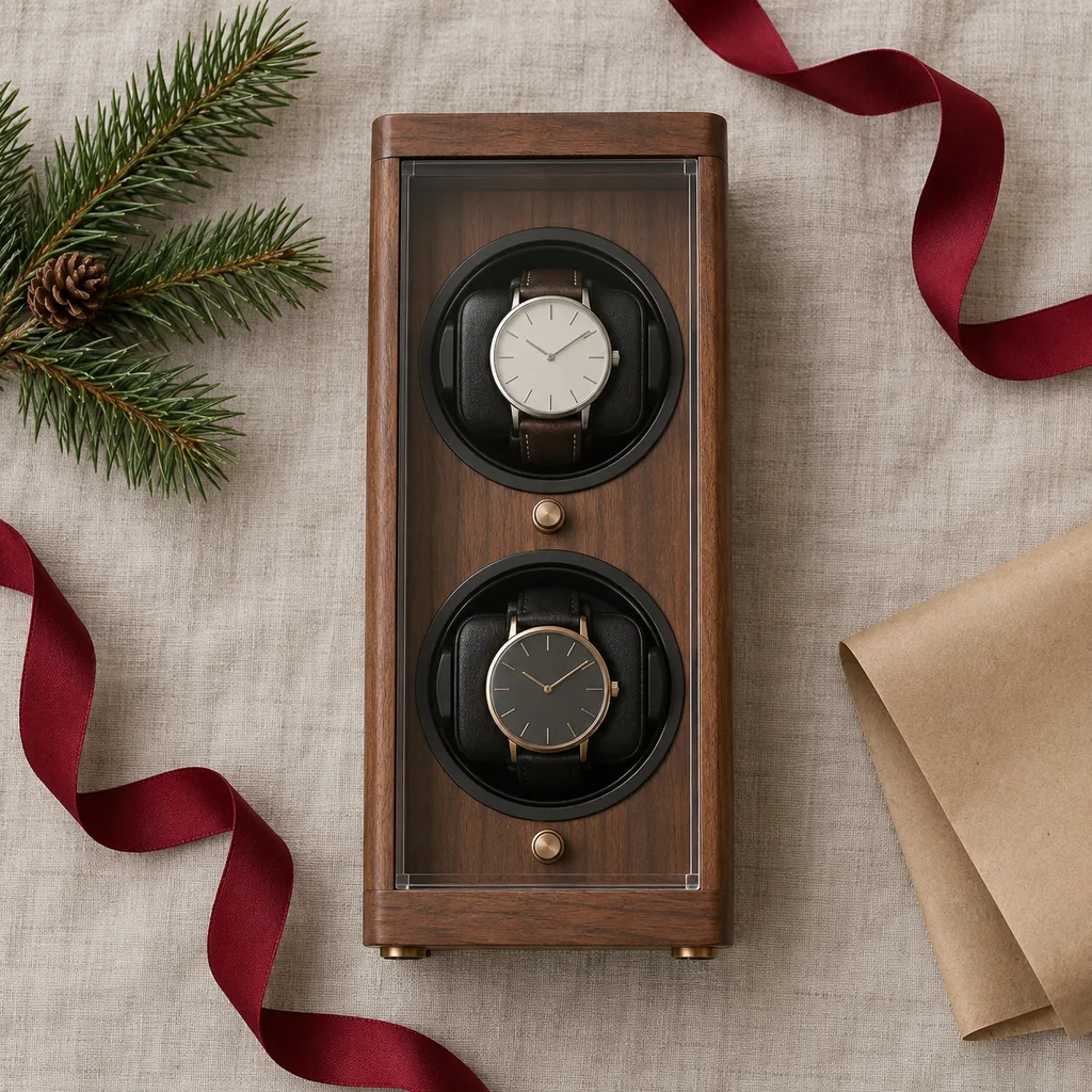 Representative photo-style image of vertical display watch winder — generated, not a specific product