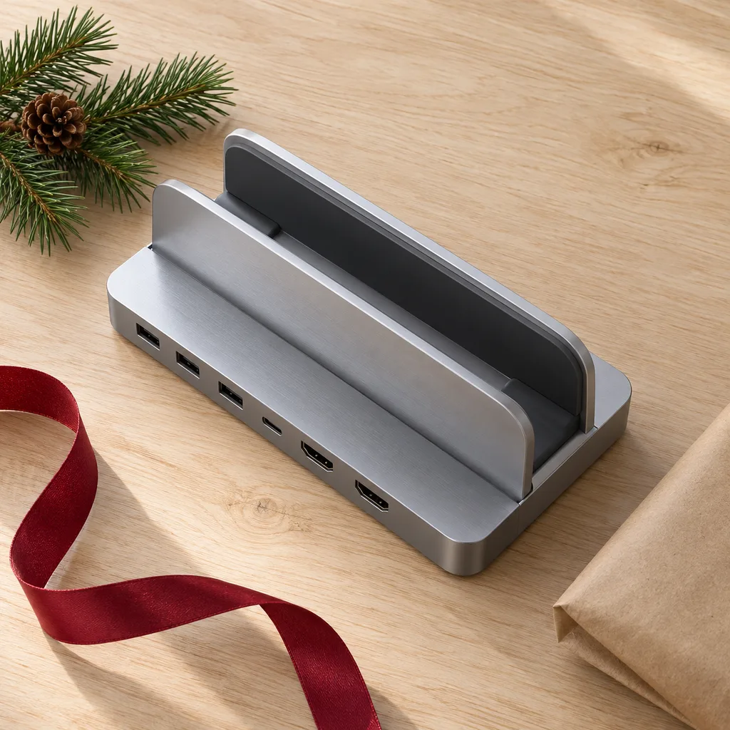 Representative photo-style image of vertical laptop stand docking hub — generated, not a specific product