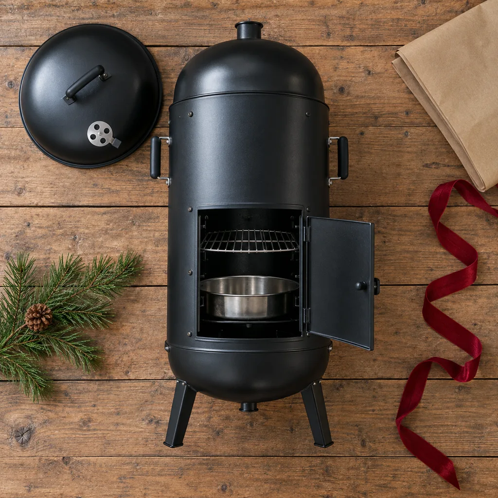 Representative photo-style image of vertical water pan smoker — generated, not a specific product