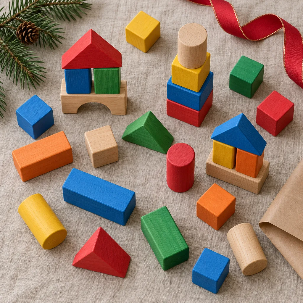 Representative photo-style image of vibrant geometric stacking blocks set — generated, not a specific product