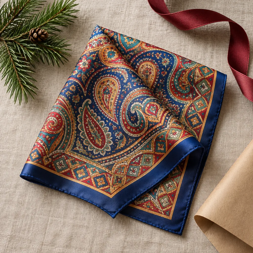 Representative photo-style image of vibrant patterned pocket square — generated, not a specific product
