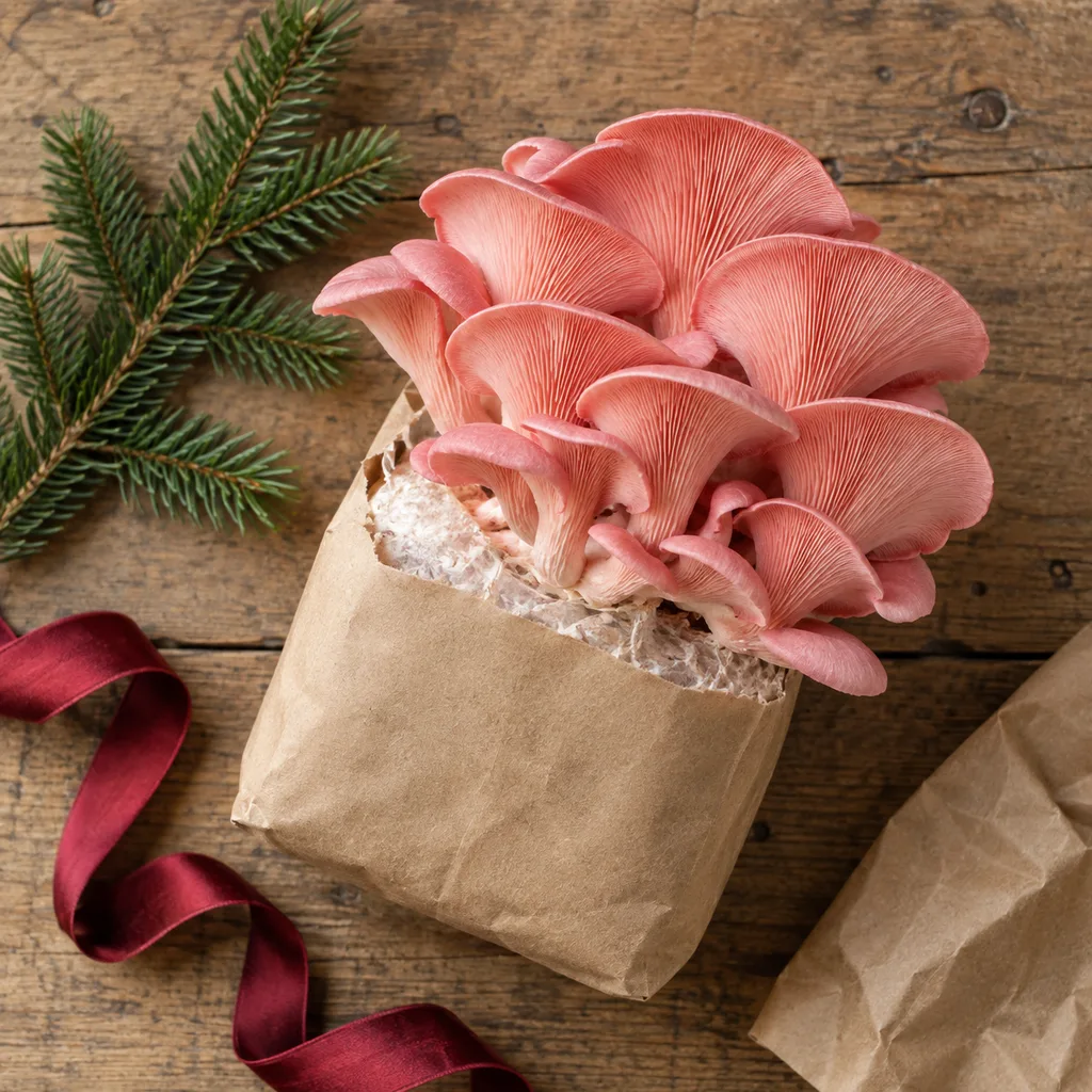 Representative photo-style image of vibrant pink oyster mushroom kit — generated, not a specific product