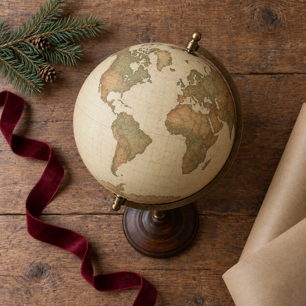 Representative photo-style image of vintage style decorative world globe — generated, not a specific product