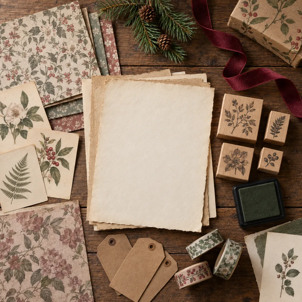 Representative photo-style image of vintage style scrapbooking kit — generated, not a specific product