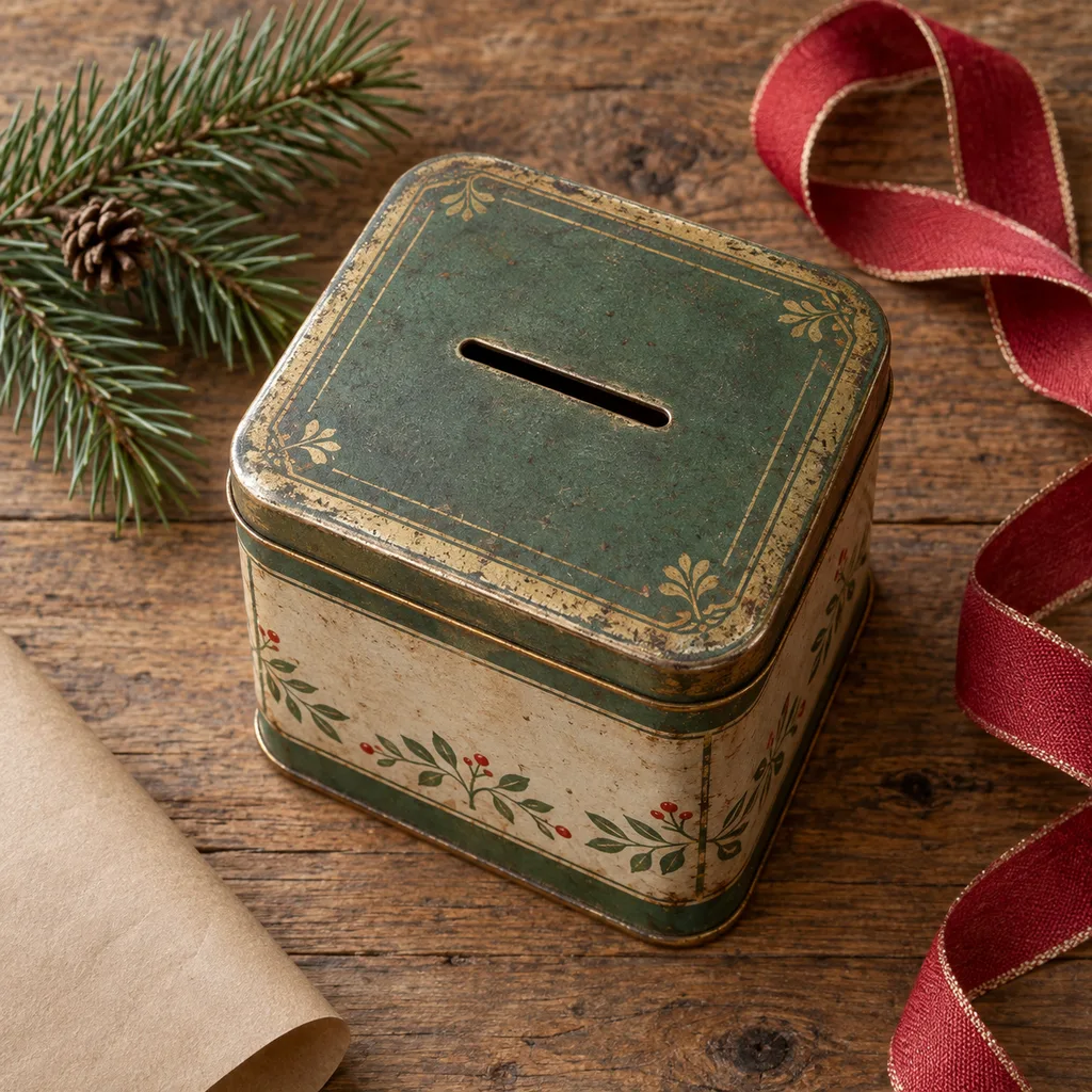 Representative photo-style image of vintage-style tin savings box — generated, not a specific product