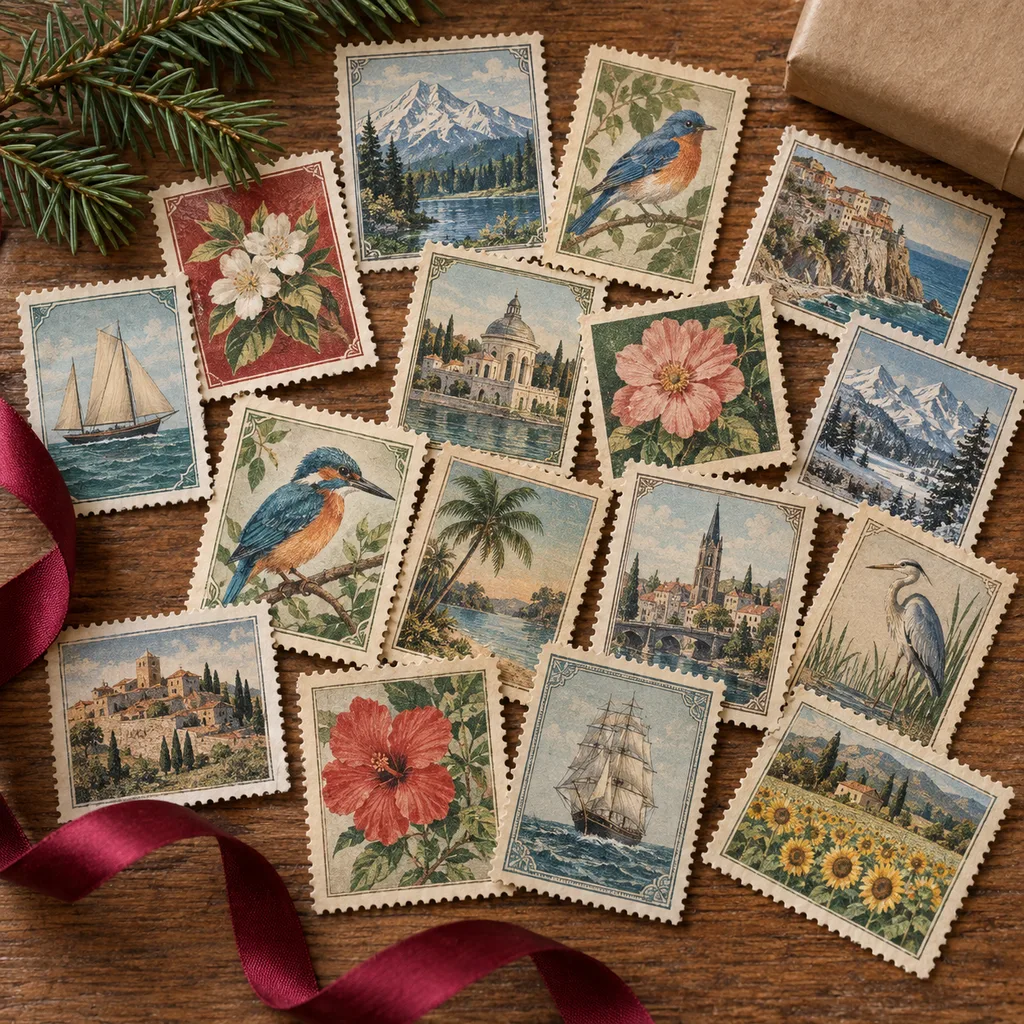 Representative photo-style image of vintage world stamp assortment — generated, not a specific product
