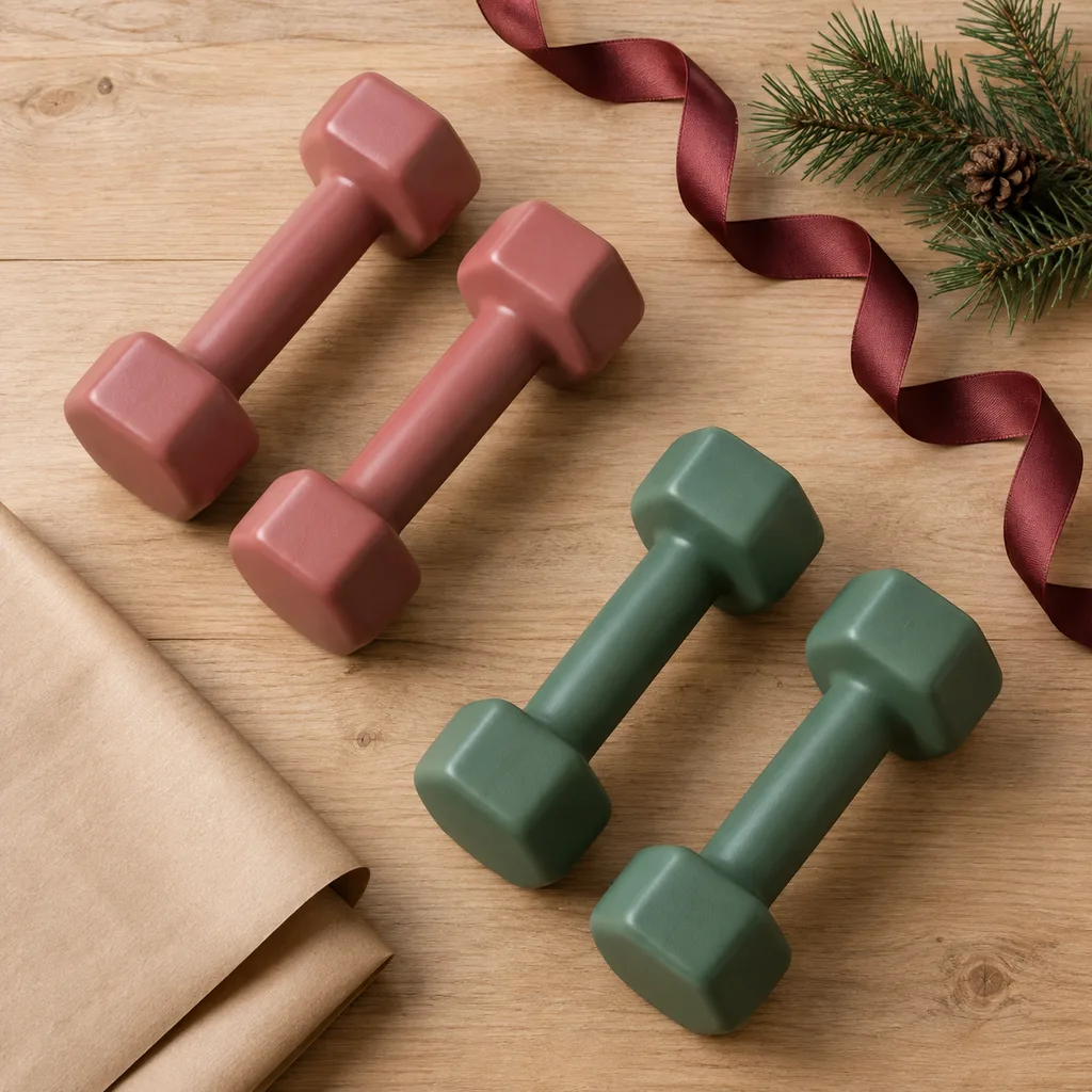 Representative photo-style image of vinyl coated dumbbell set — generated, not a specific product