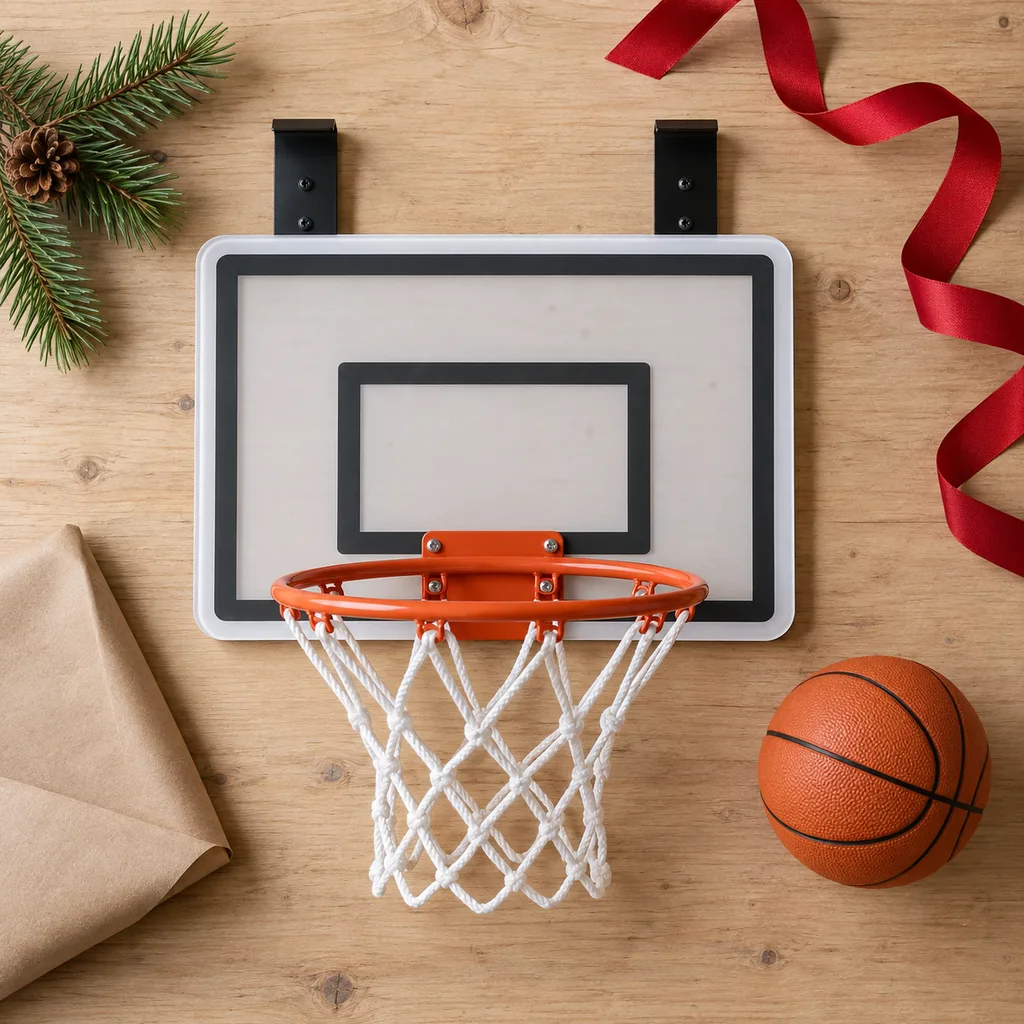 Representative photo-style image of wall-mounted basketball hoop game — generated, not a specific product