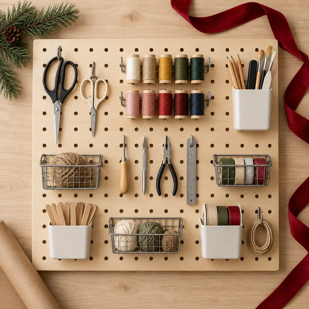 Representative photo-style image of wall-mounted craft pegboard system — generated, not a specific product