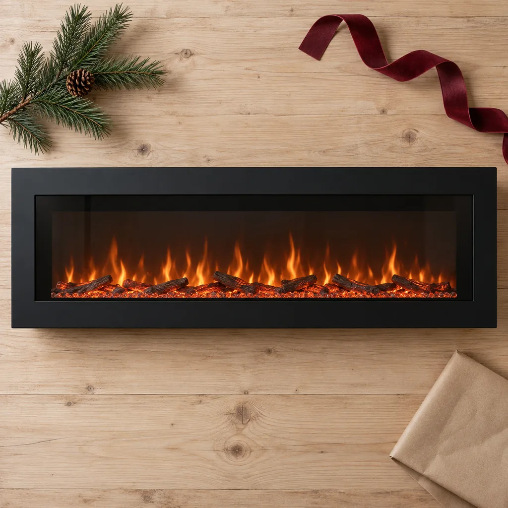 Representative photo-style image of wall mounted electric fireplace — generated, not a specific product