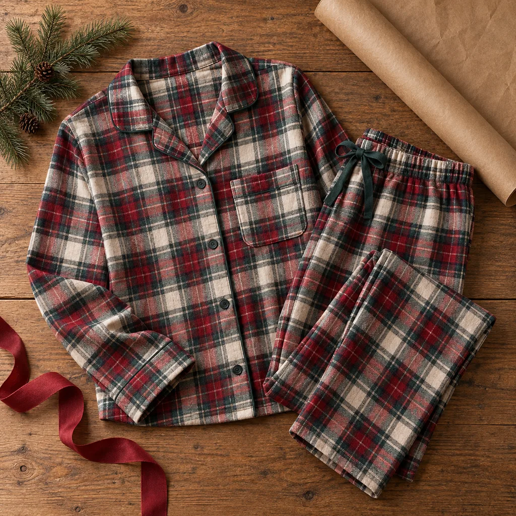 Representative photo-style image of warm flannel pajama set — generated, not a specific product